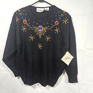 NWT Retro 80's Eva Cervantes  Size Med Bewjeweled Black Sweater Rainbow Gem